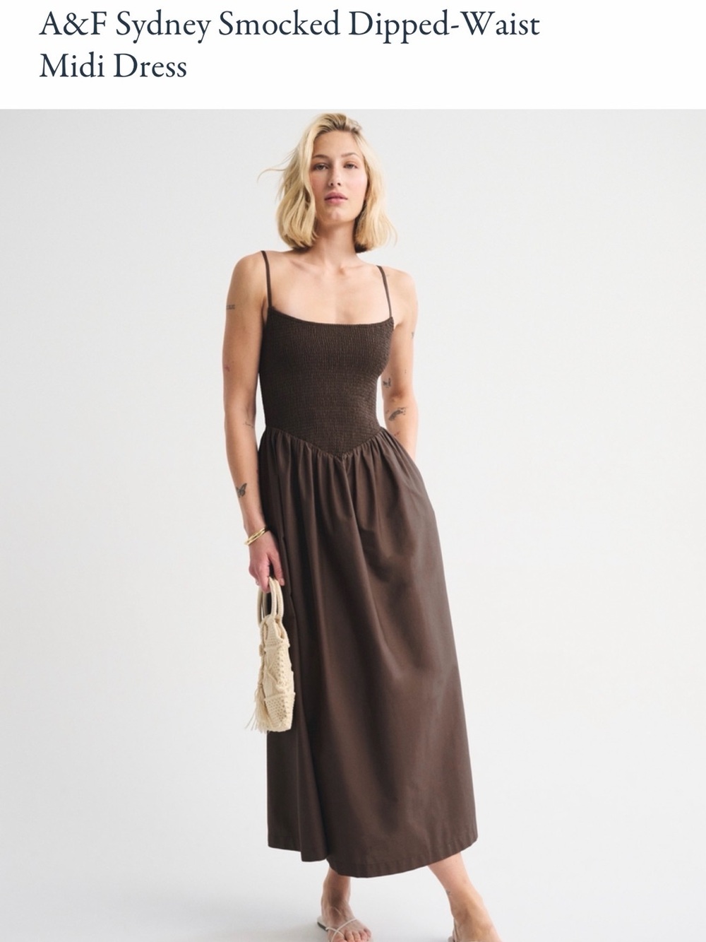 Abercrombie & Fitch Sydney Smocked Dipped-Waist Midi Dress - Brown - Picture 8 of 8